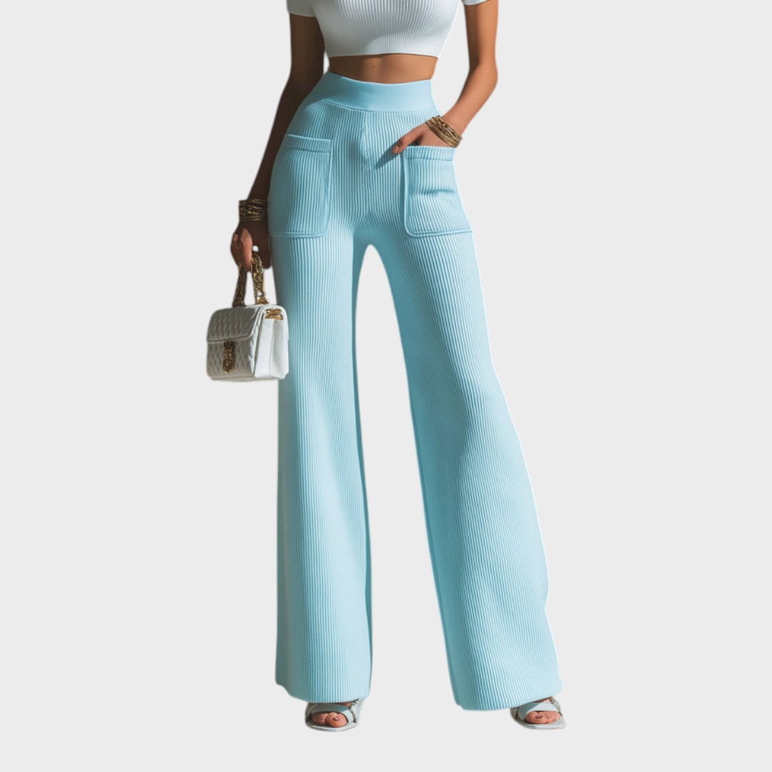 Reese | ElevenOra Chic Elegant Baby Blue High Waist Patch Pocket Details Ribbed Knit Wide-Leg Pants