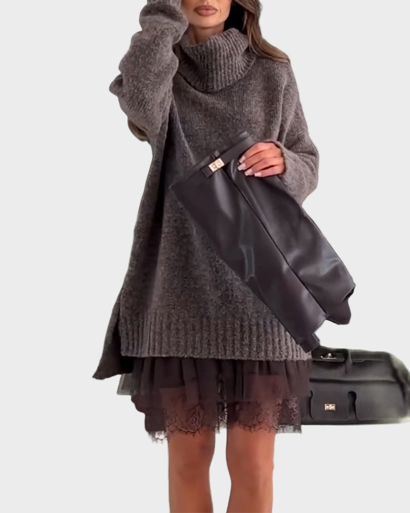 Two-piece casual set with lace turtleneck