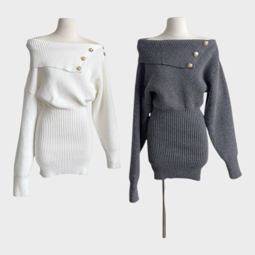 Chrisanthi | Fashion Dress with Button, Notched Neckline, Batwing Sleeves