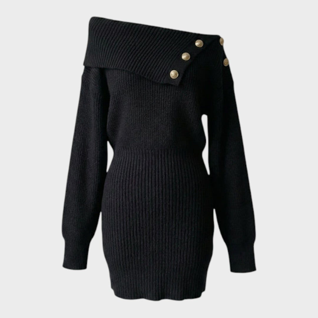 Chrisanthi | Fashion Dress with Button, Notched Neckline, Batwing Sleeves