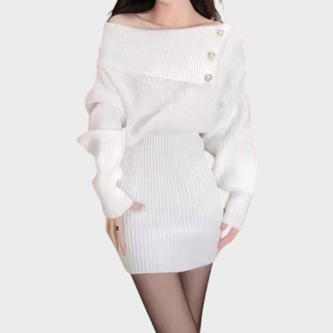 Chrisanthi | Fashion Dress with Button, Notched Neckline, Batwing Sleeves