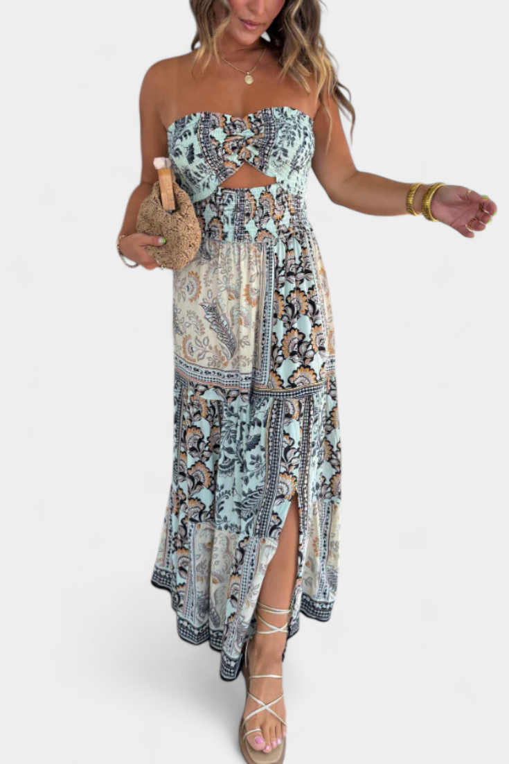 Edurne Long printed dress with strapless neckline