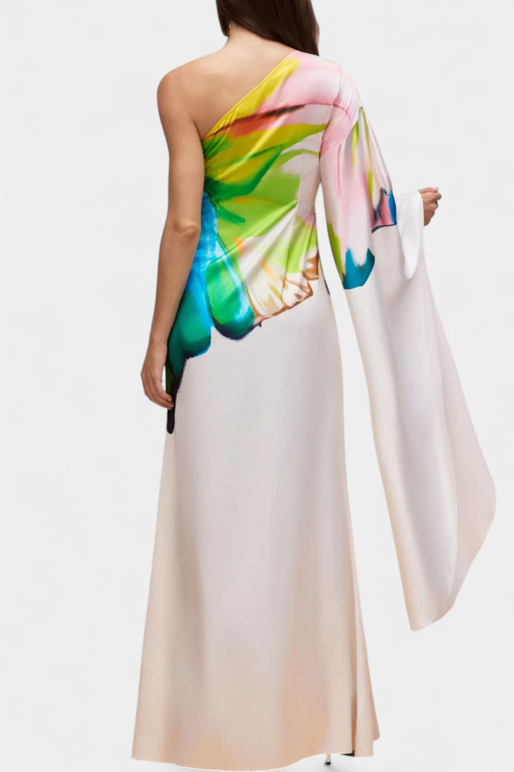 Beryl Asymmetric One-Sleeve Dress with Print