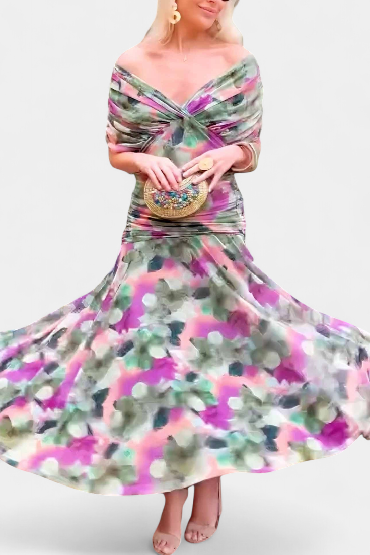 Alondra Long Dress with Floral Fancy Design and Decollete