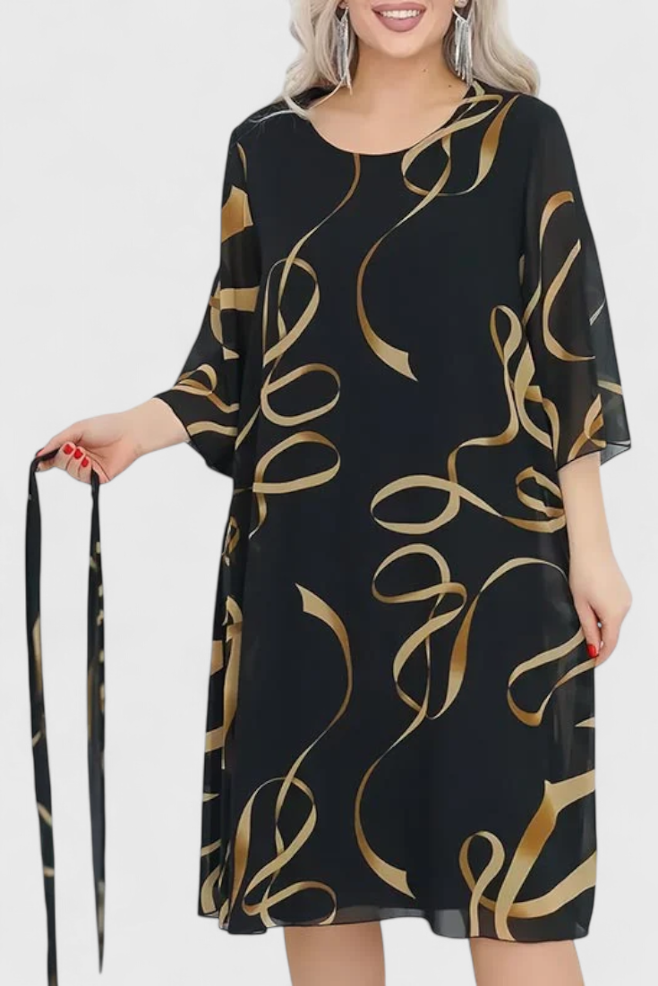 Amelie Midi Dress with Print, Belt and Flexible Cut