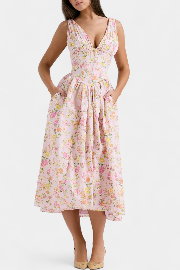 Margie Midi Dress with V-Neck and Romantic Floral Print