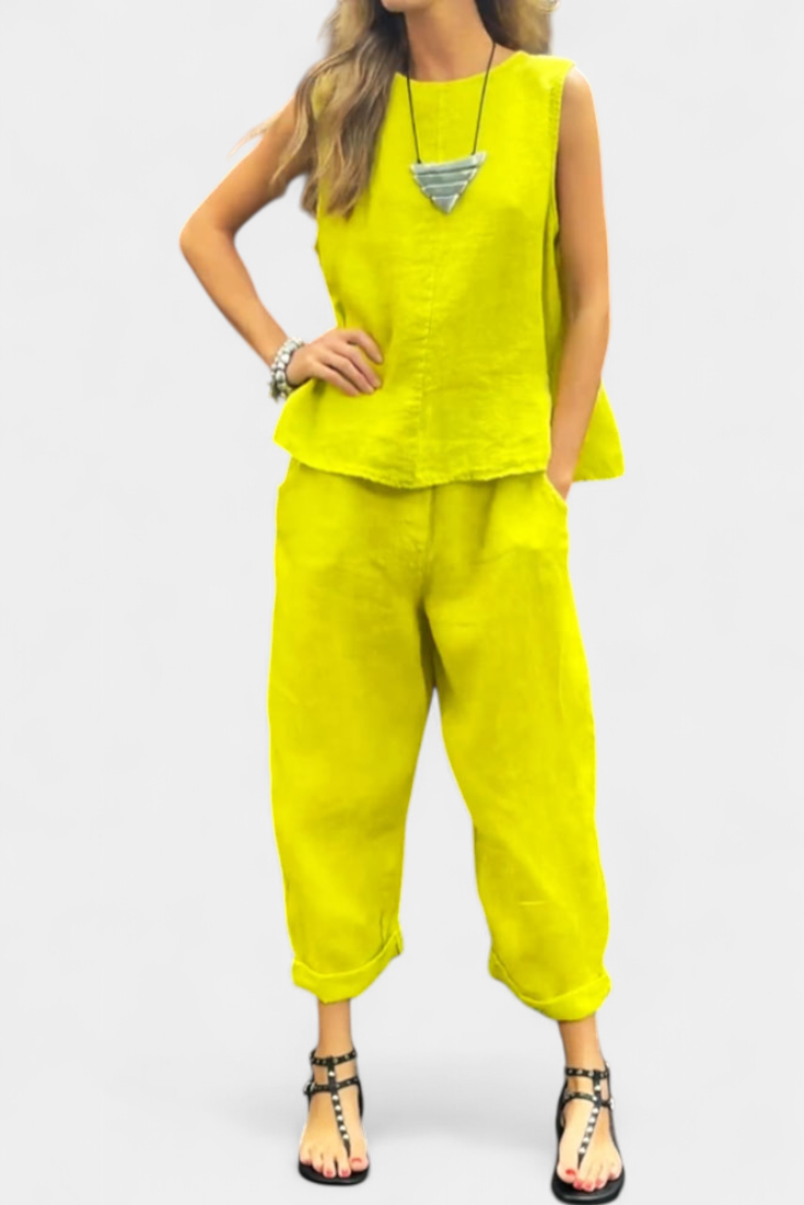 Leona Sleeveless Set with Vest and Pants made of Cotton and Linen