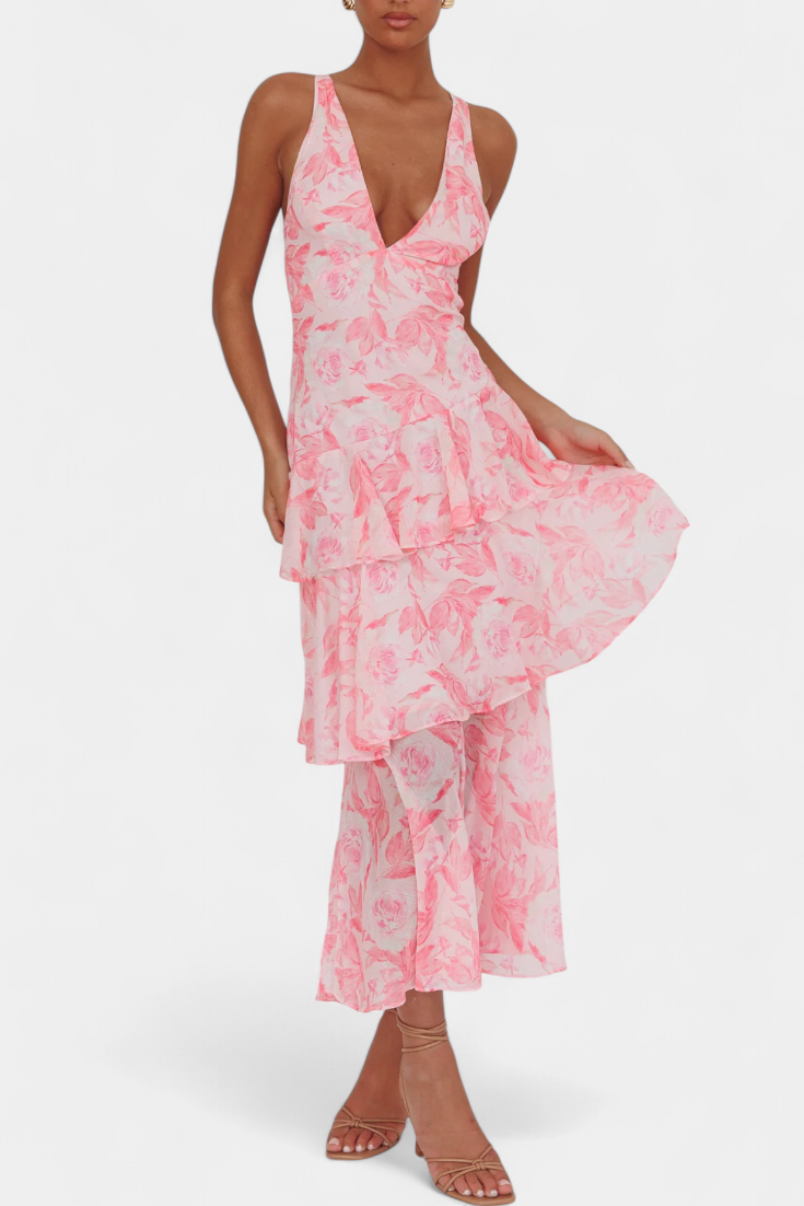 Domenica Chiffon Dress with V-Neckline and Airy Layers