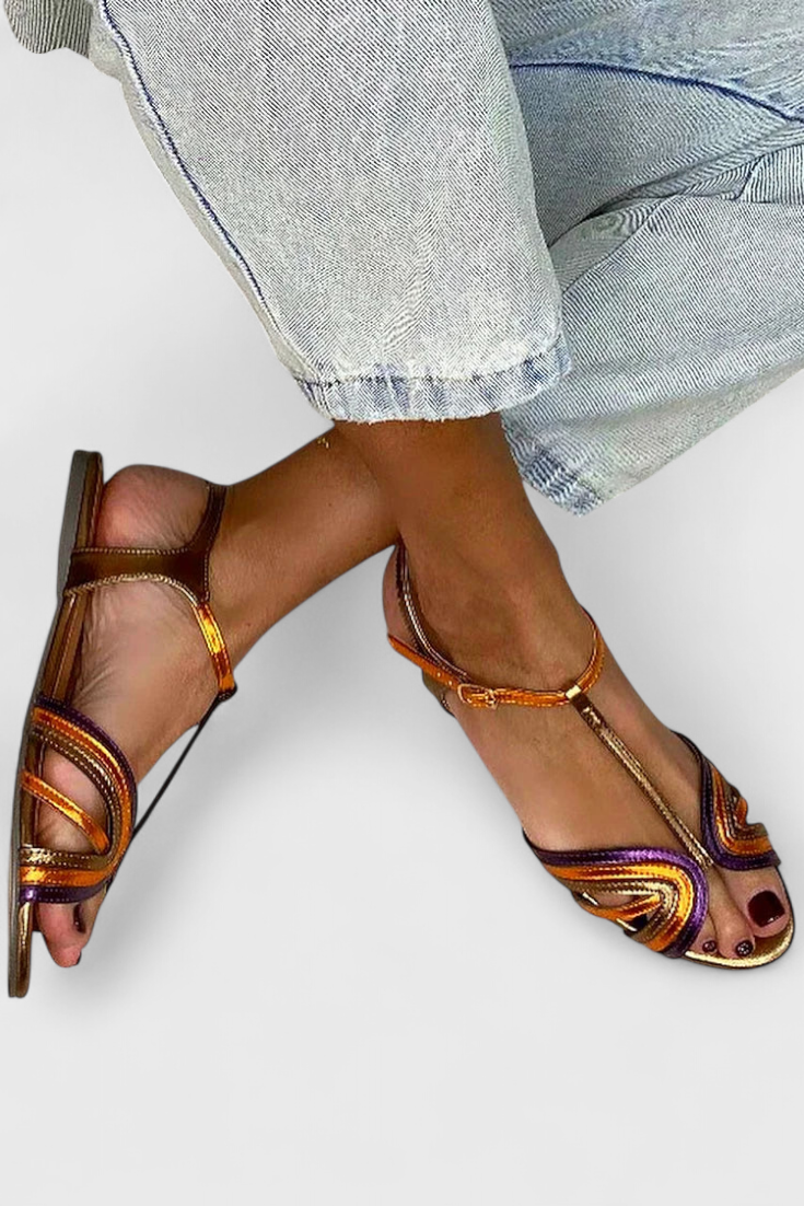 Raluca Gold sandals with colorful strap and buckle