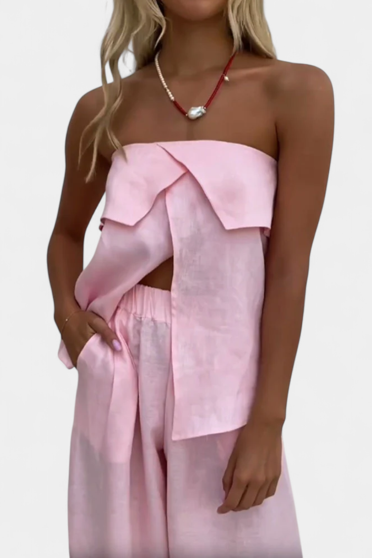 Oriana Strapless Set with Ripped Skirt in Solid Color Design