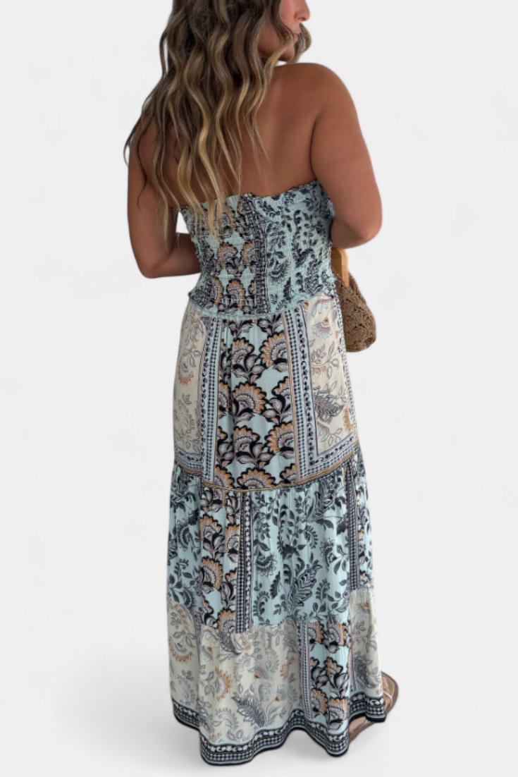 Edurne Long printed dress with strapless neckline