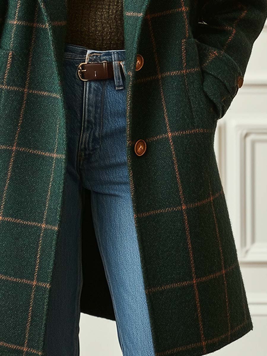 Women's retro plaid tweed coat with collar