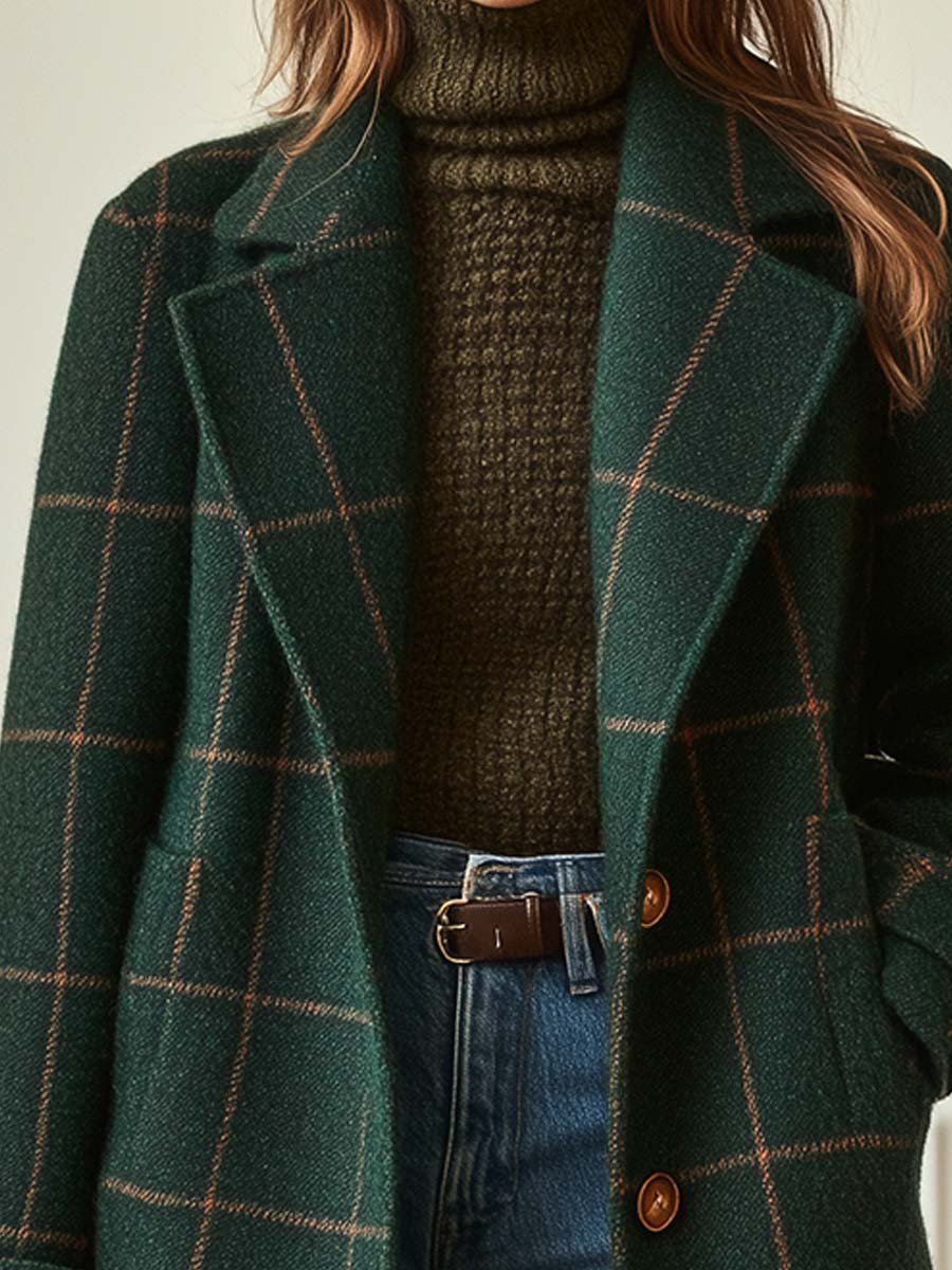 Women's retro plaid tweed coat with collar