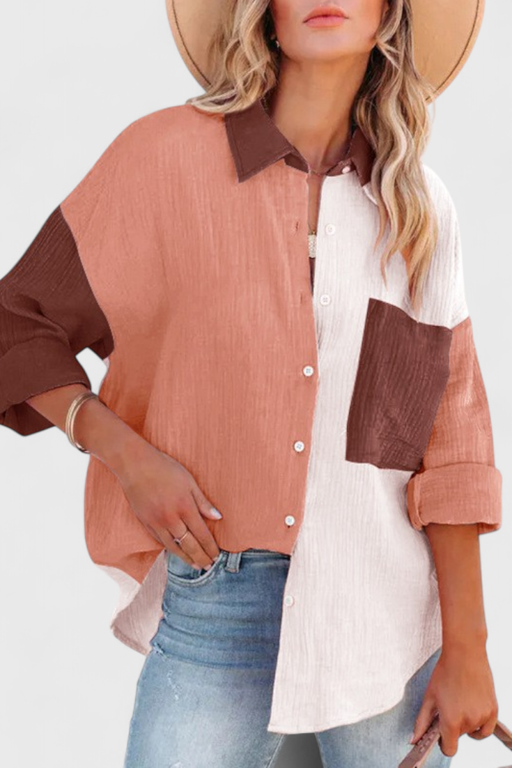 Juniper Button-Down Blouse with Color Block Design