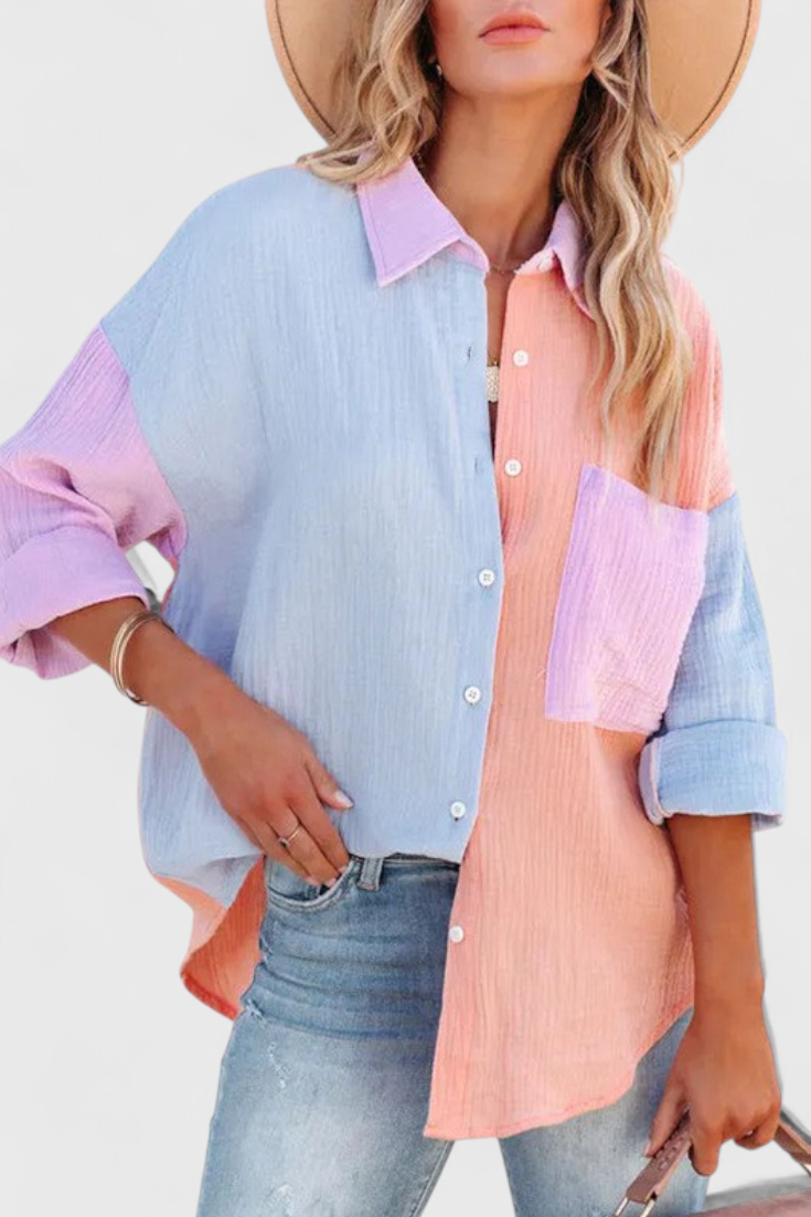 Juniper Button-Down Blouse with Color Block Design