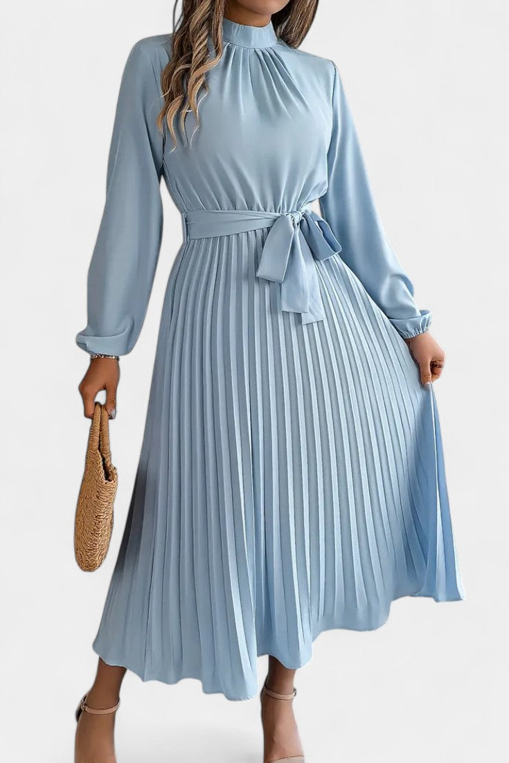 Theresa High Neck Dress with Pleated Belt
