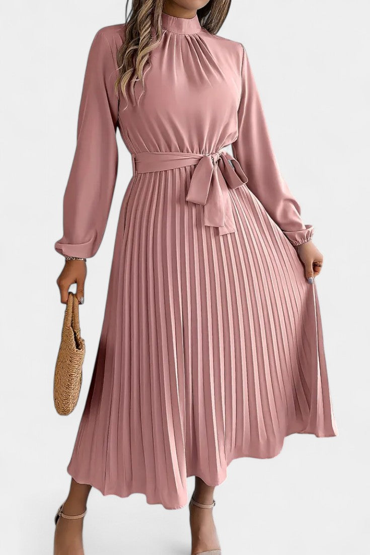 Theresa High Neck Dress with Pleated Belt