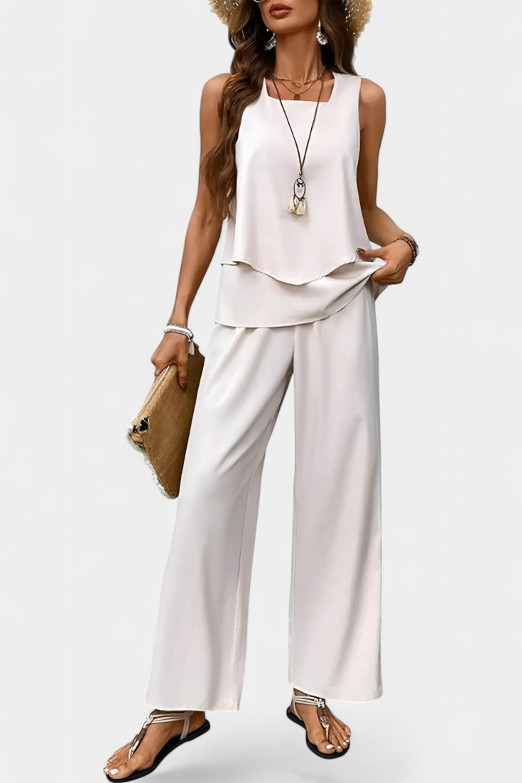 Martina Elegant Boho Sleeveless Set with Patterned Straight Pants
