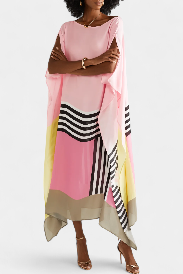 Elenora Kaftan with Geometric Pattern, Wide Line and Butterfly Mesh Fabric