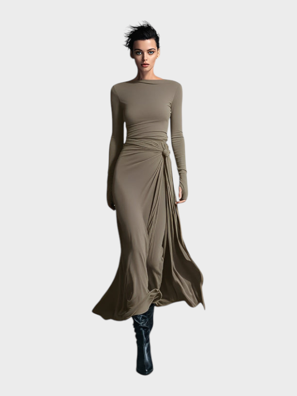 Hera | Women's Grey Stunning Stretch Blend Fabric Dress - Drawstring Maxi Dress MDA1401H9I