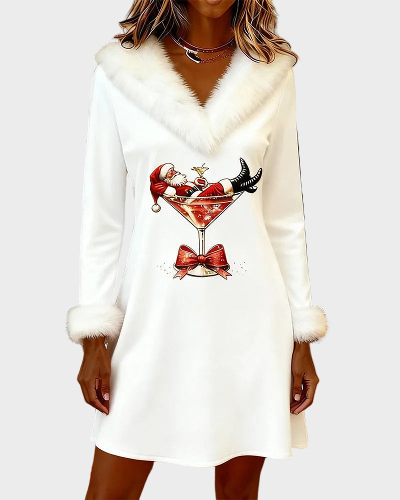 Tara | Dress with Christmas Pattern and Fur Collar