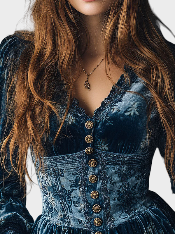 Marilena | Vintage Blue Velvet Blouse with Flowers in Corset Style