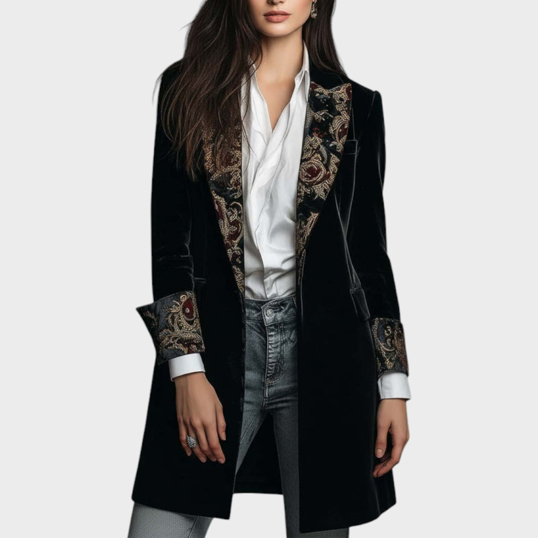 Meanne | Black Velvet Blazer with Baroque Print on the Handles – Timeless Vintage Luxury