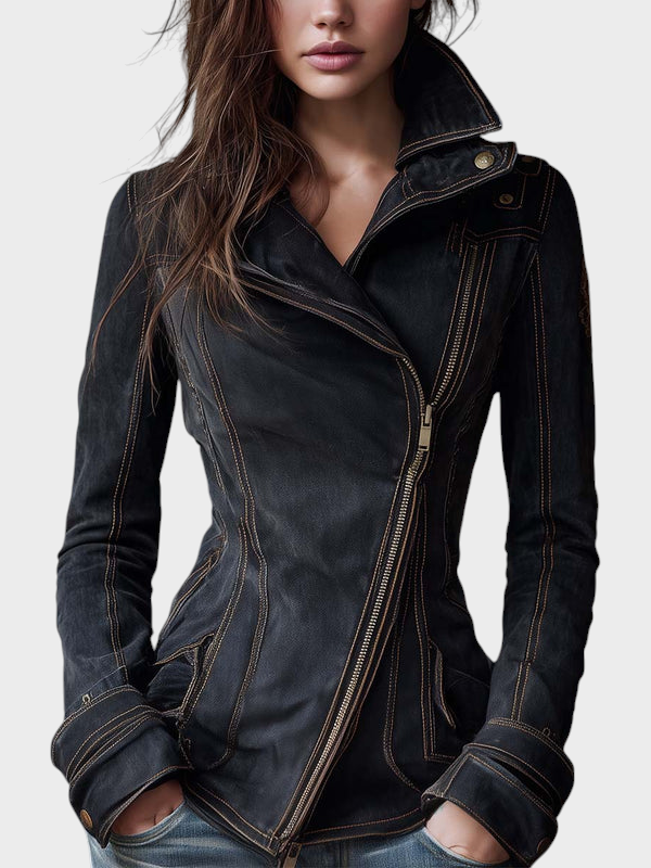 Hanne | Vintage Washed Denim Motorcycle Jacket – Charcoal Edge