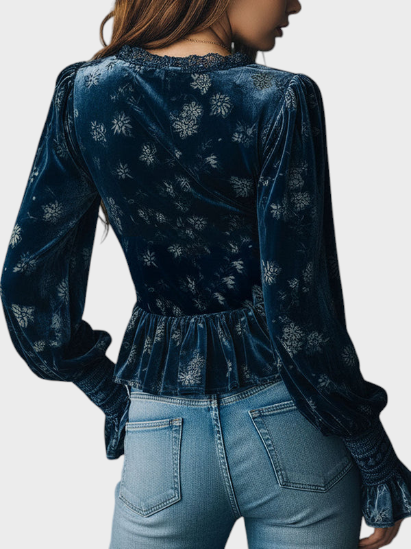 Marilena | Vintage Blue Velvet Blouse with Flowers in Corset Style