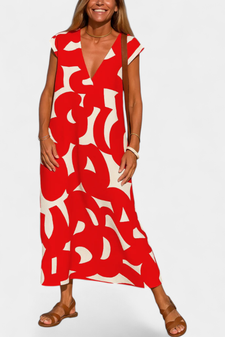 Asela Casual Dress with V-Neck and Mixi Pattern