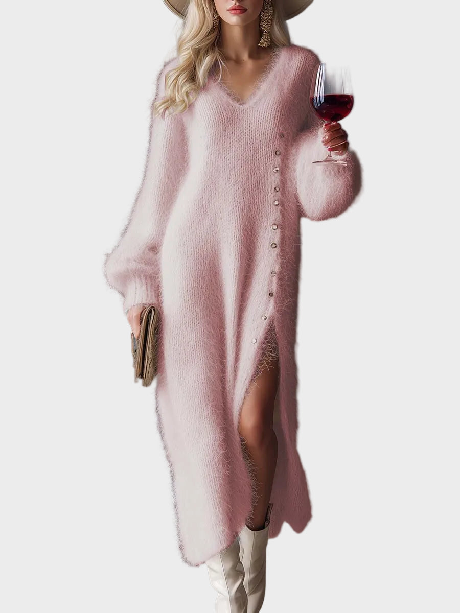 Venice | Comfortable, Elegant Midi Knitted Dress with V Neckline, Metal Buttons, White Faux Rabbit Fur and Side Split