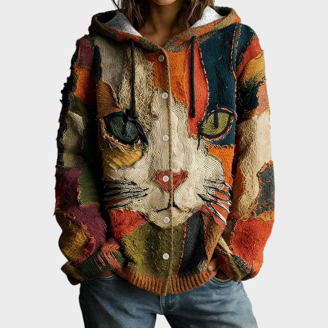 Jenny | Women's blouse with V-neck and geometric cat pattern