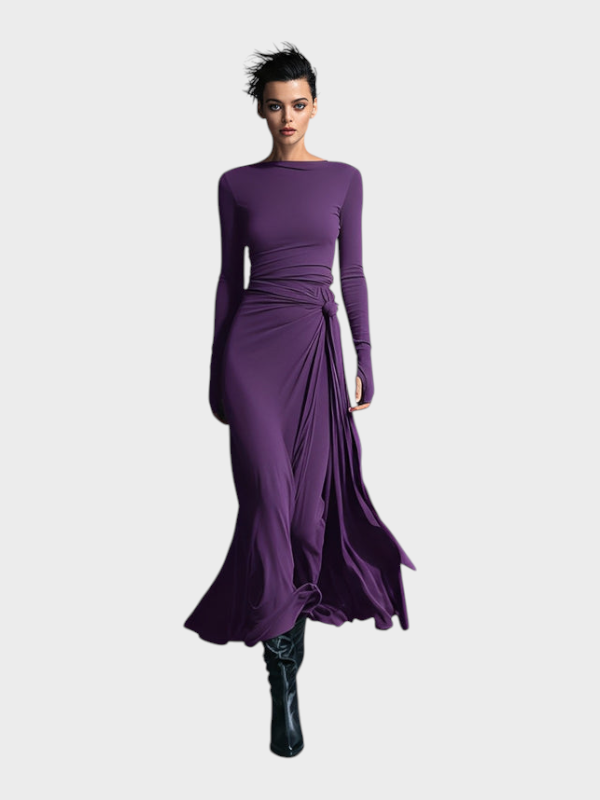 Hera | Women's Grey Stunning Stretch Blend Fabric Dress - Drawstring Maxi Dress MDA1401H9I