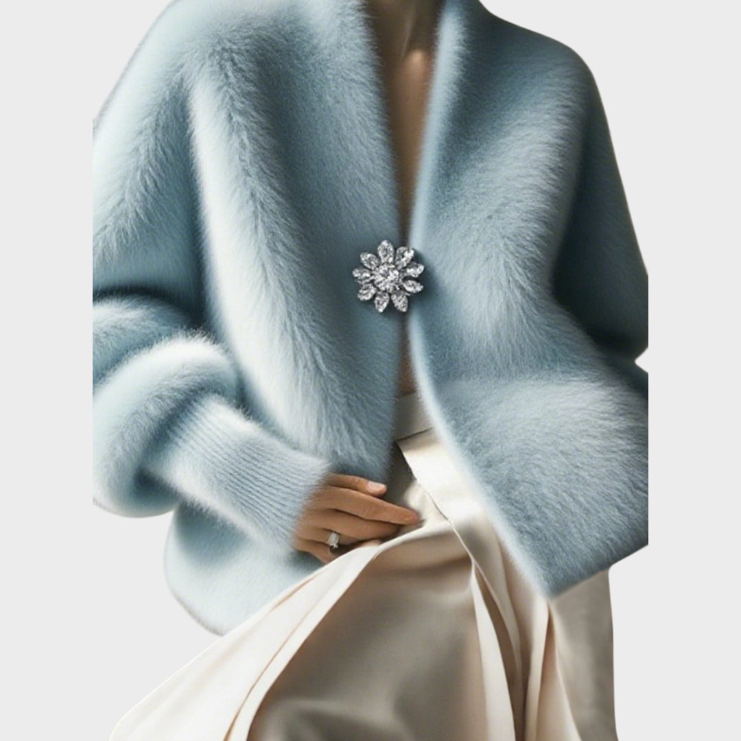 Cheska | Urban V-neck sweater made of synthetic mink with brooch