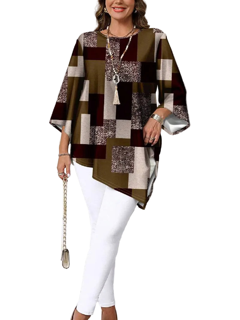 Nurit - Checkered Oversized Printed Blouse With Short Sleeve