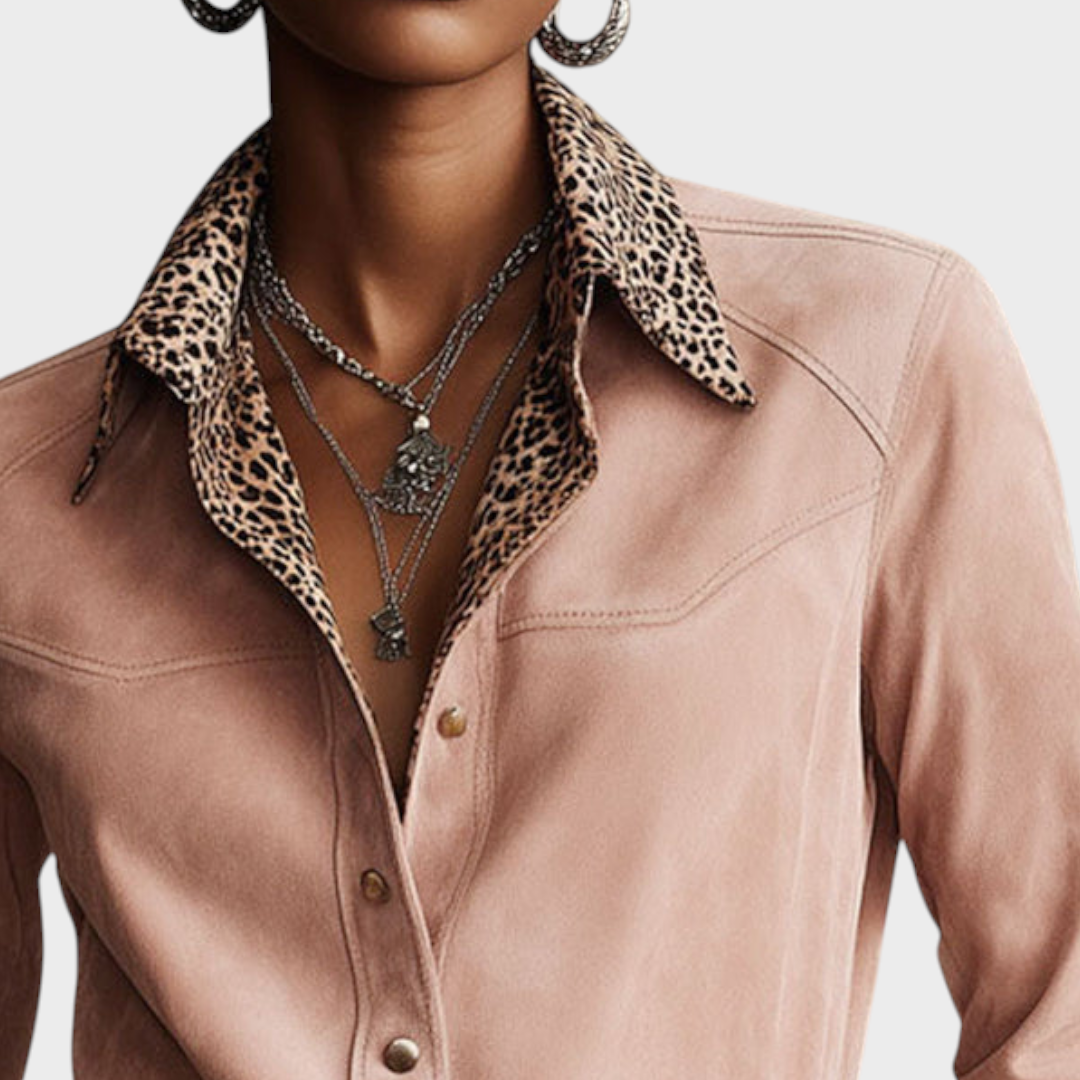 Macey | Western Retro Leopard Print Pink Faux Suede Long-Sleeve Shirt