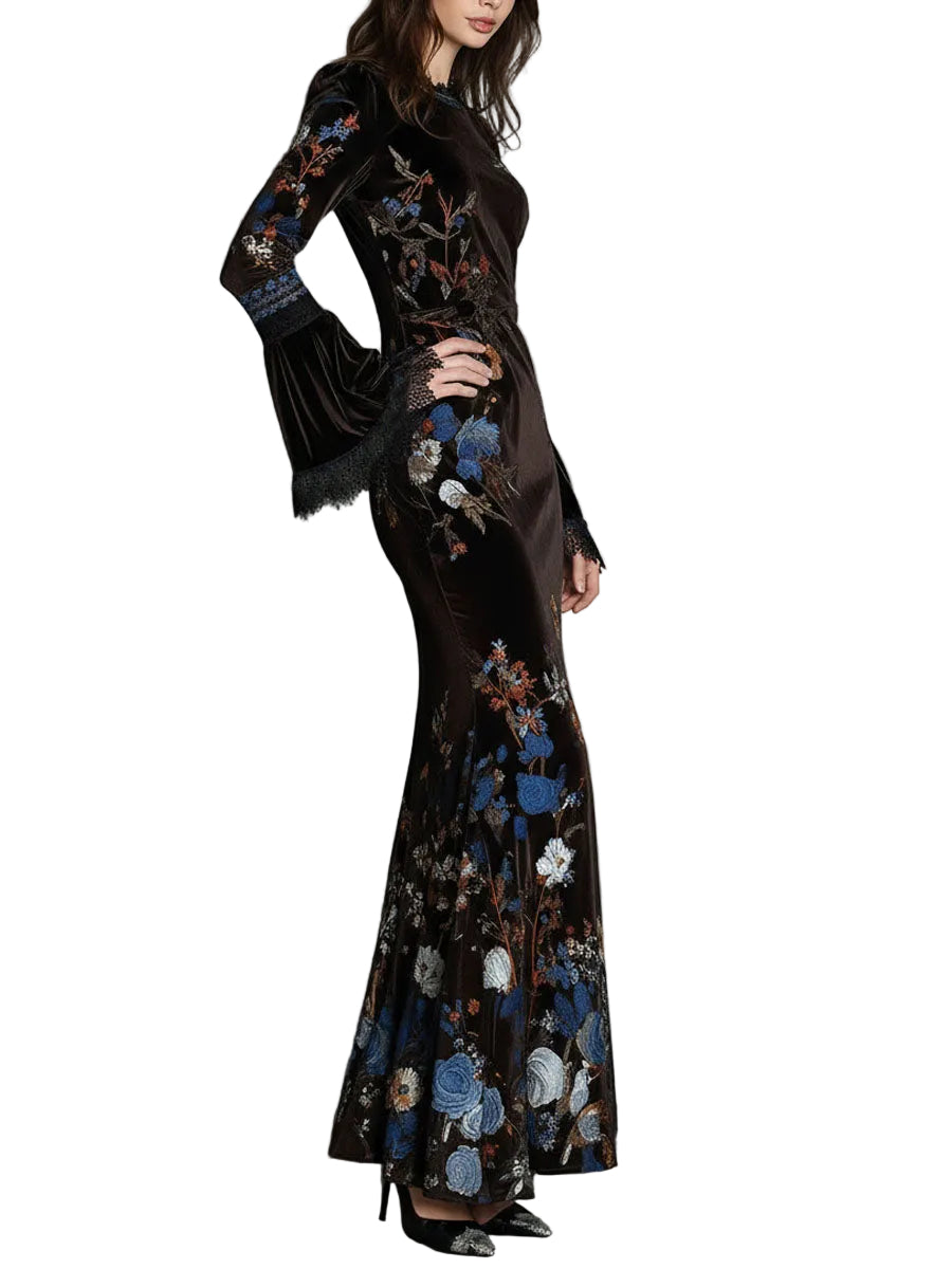Jane | Elegance Midnight Velvet Floral Gown With Lace Trim