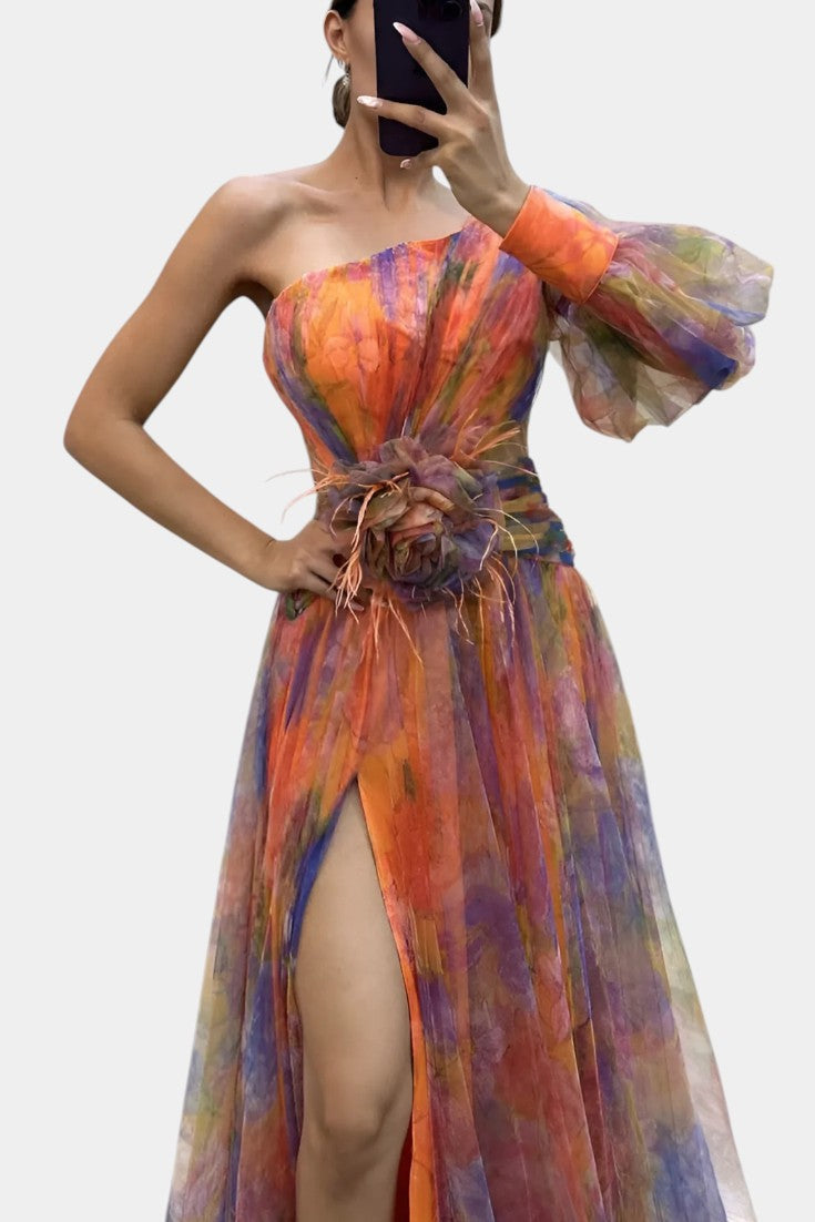 Amelie Asymmetric One-Shoulder Maxi Dress with Artistic Design