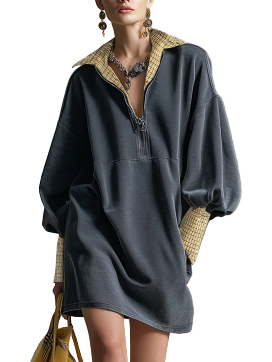 Carrie - Casual Sporty Plaid Trim Gray Washed Cotton Sweatshirt Mini Dress