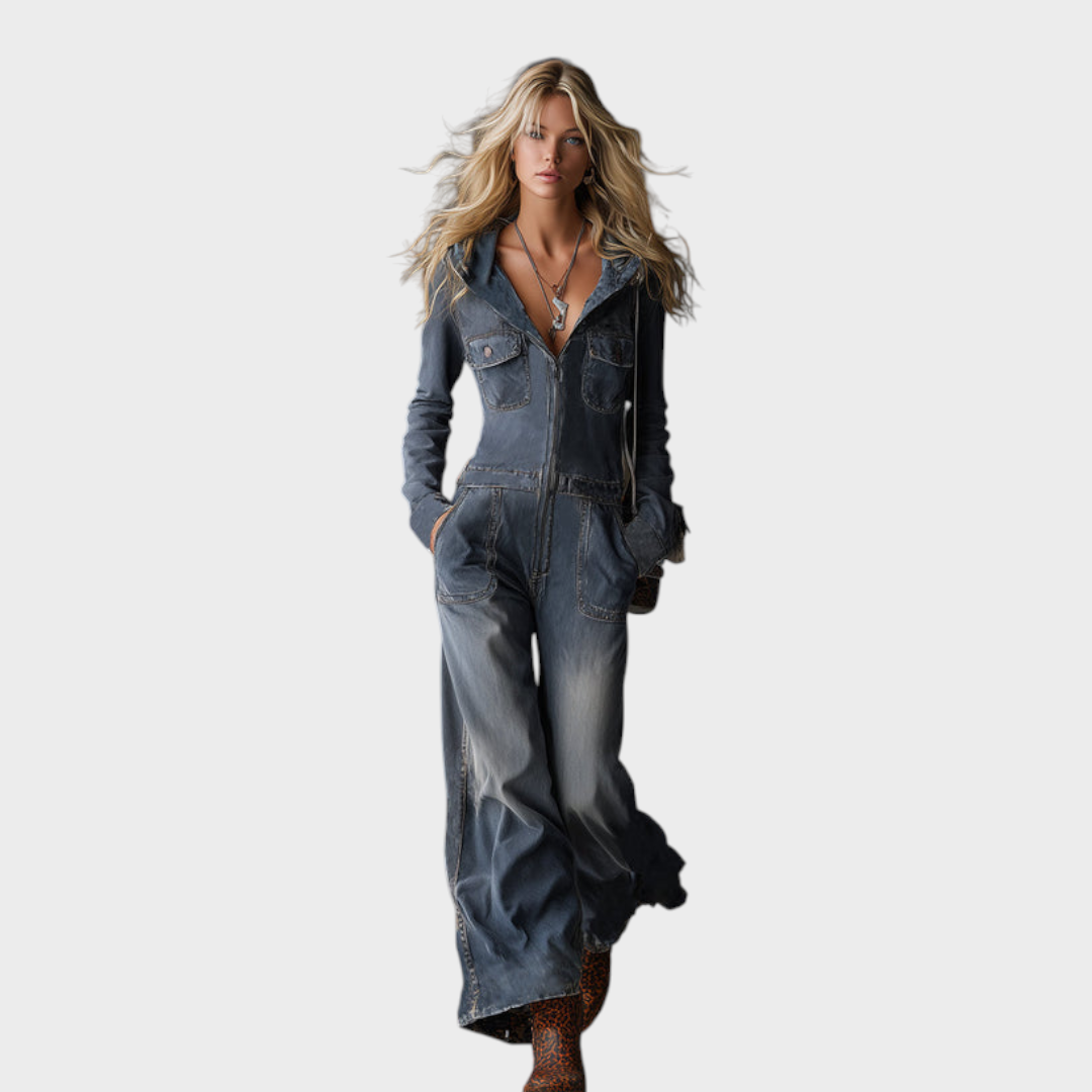 Katelyn | Retro Gray-Blue Denim Dress with Hood and Front Zipper