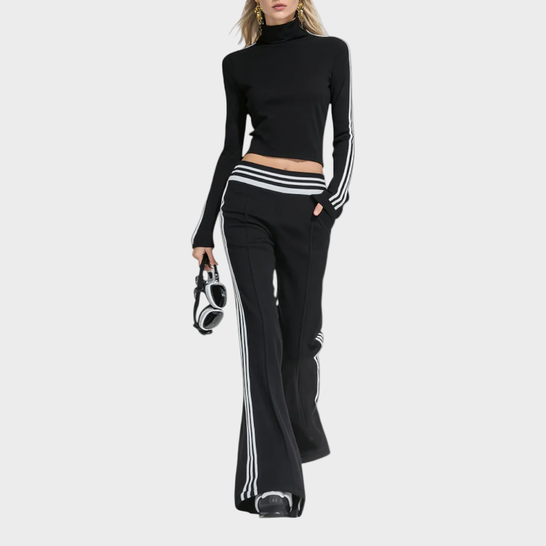 Rowena | Sporty And Stylish Stand-up Collar T-shirt And Flared Pants Set