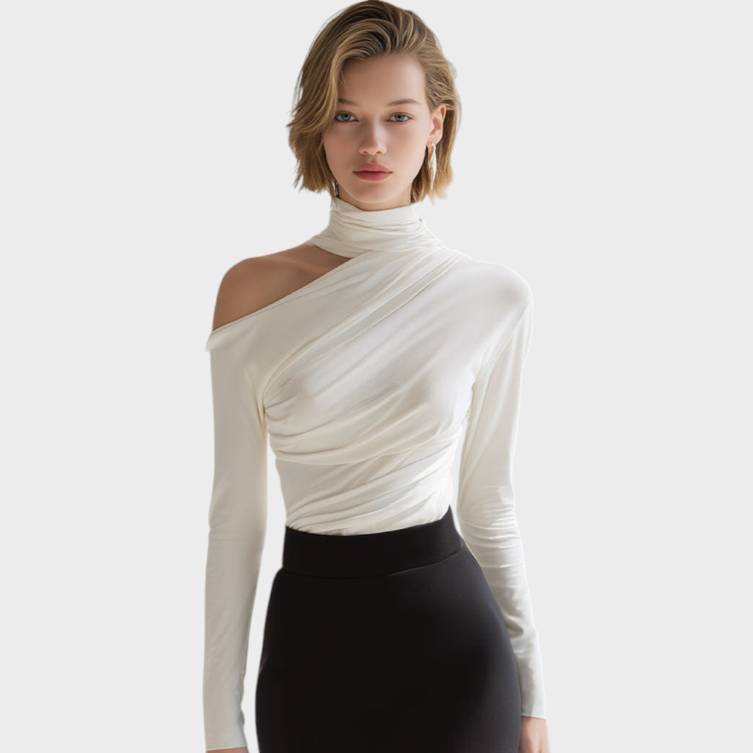 Carlie | Asymmetric Draped High-Neck Long Sleeve Top
