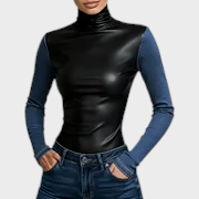 Pauline | Women's Black Knitted Leather Blouse with High Collar and Pockets