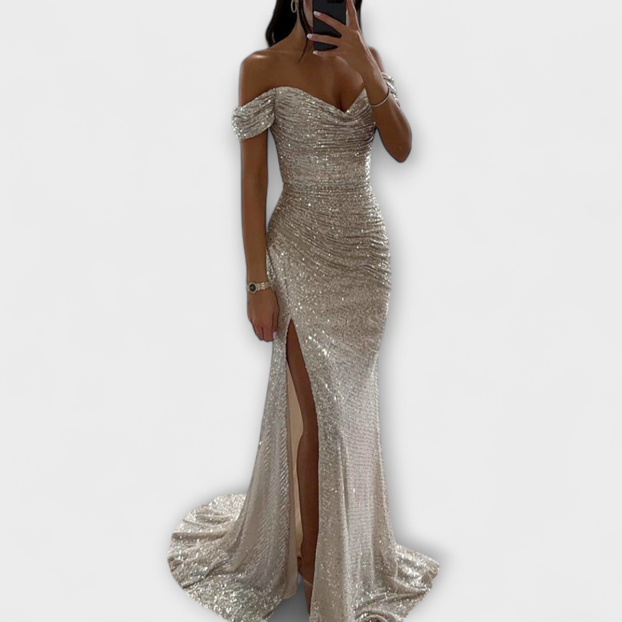 Summer Evening Dress — Strapless Maxi with Glitter and Ruffles for Weddings & Parties