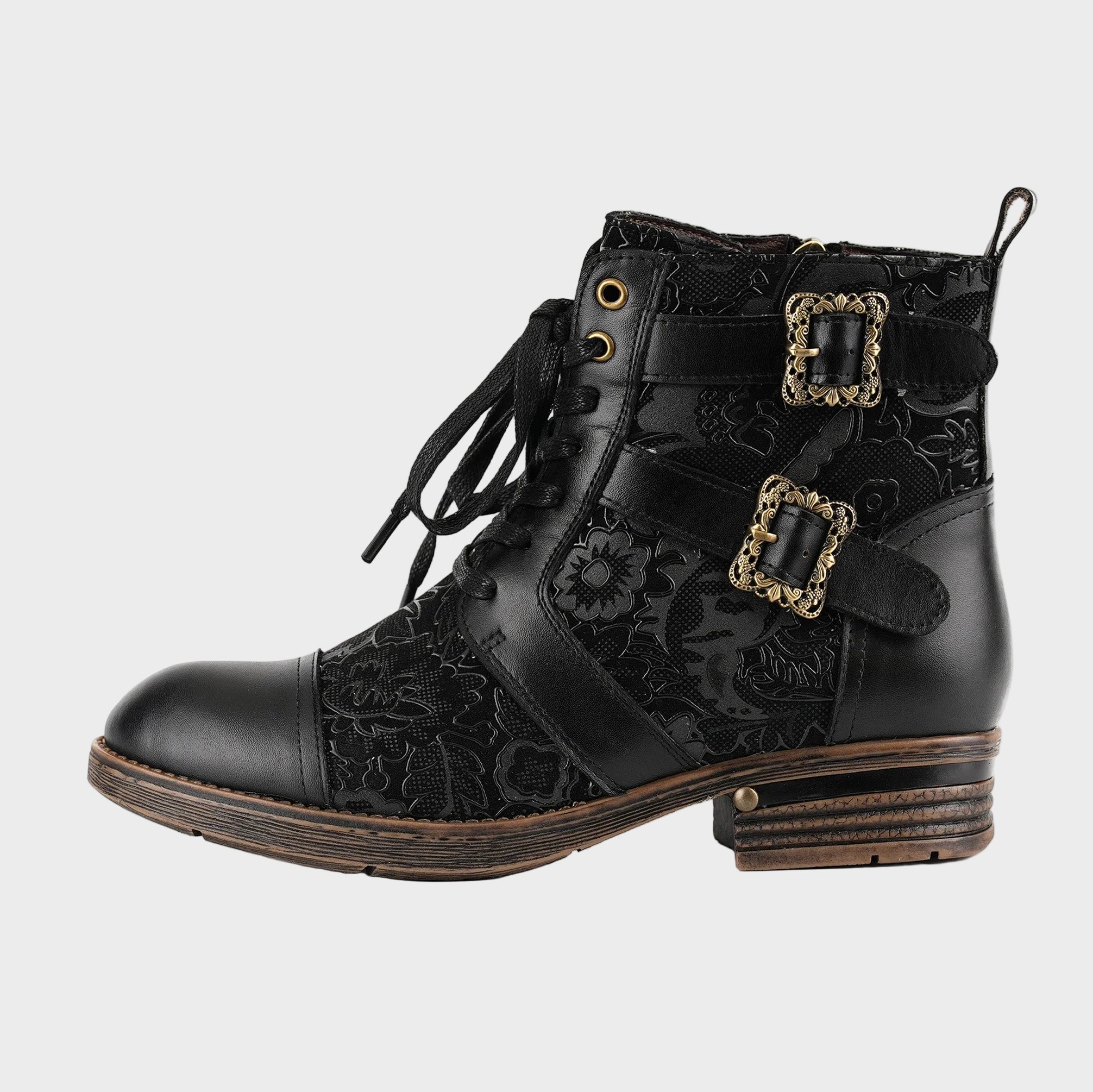 Cerila | Timelessly Elegant Flat Ankle Boots with Floral Pattern and Laces