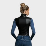 Pauline | Women's Black Knitted Leather Blouse with High Collar and Pockets