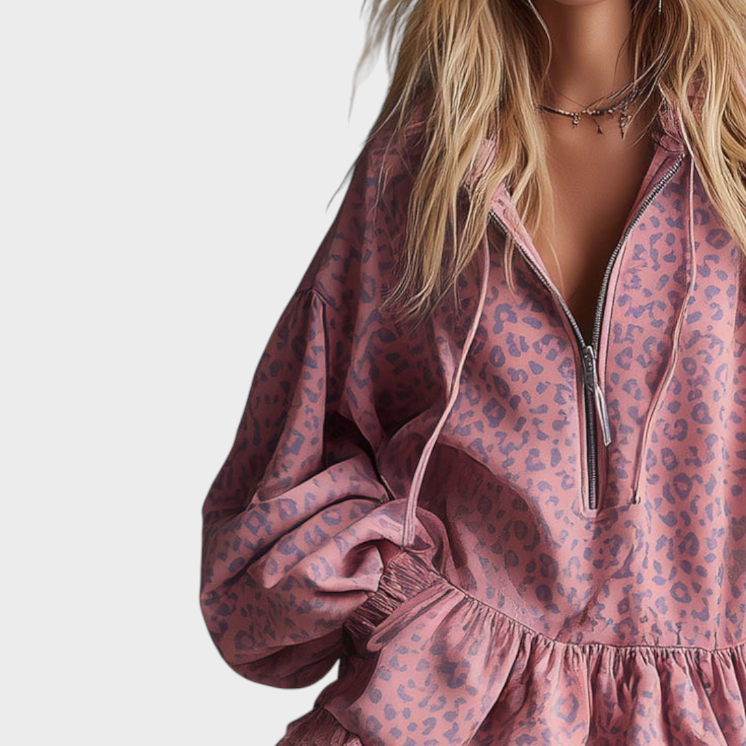 Dayanara | Elegant Western Mini Dress with Hood, Front Zipper, and Sewn Satin in Pink Leopard Print