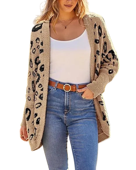 Faye - Leopard Cardigan for Women Long Sleeve Open Front Cardigans Sweaters Pockets Loose Knit