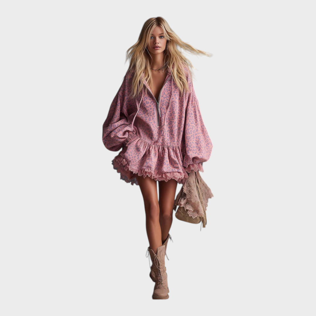 Dayanara | Elegant Western Mini Dress with Hood, Front Zipper, and Sewn Satin in Pink Leopard Print