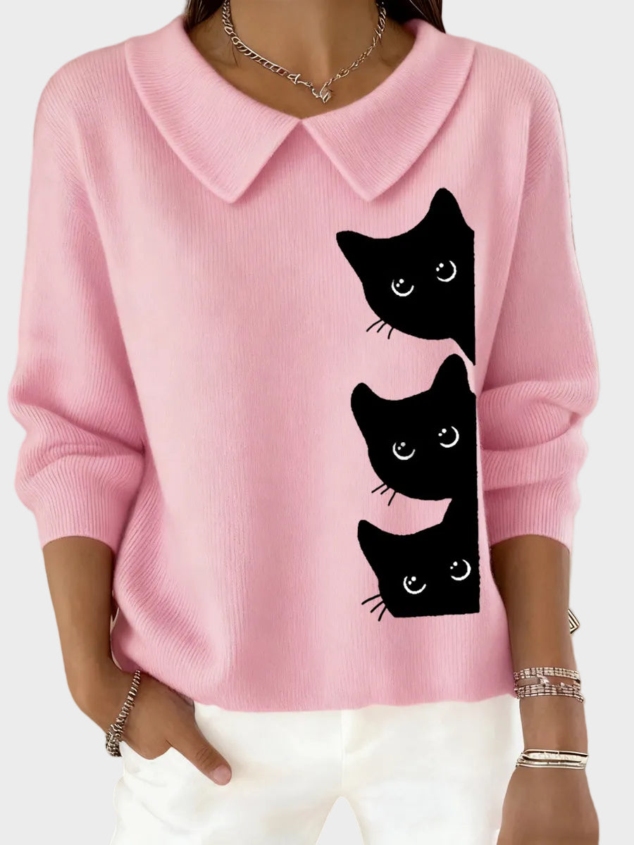 Leslie | Women's Top with Funny Cat Design for Cat Lovers and Baby Doll Collar